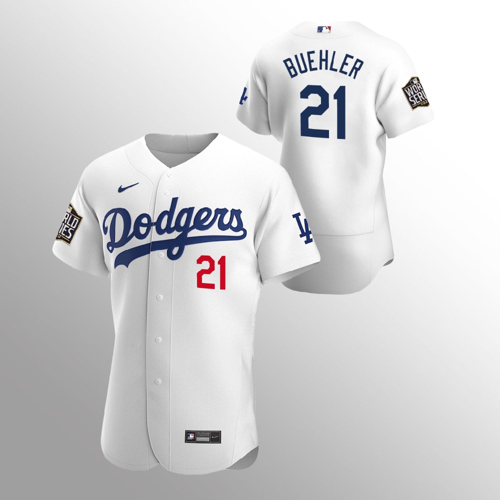 Men's Los Angeles Dodgers #21 Walker Buehler White 2020 World Series Bound stitched Jersey